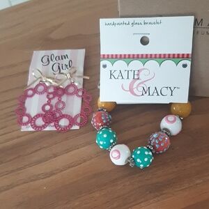 2 ITEMS! Designer GLASS Bead Bracelet/CUTE Earrings